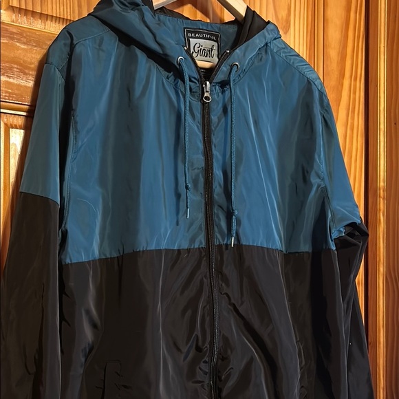 Teal and Black Men's Windbreaker Jacket with Hood - Picture 4 of 12